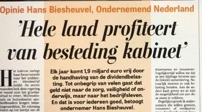 'Hele land profiteert van besteding kabinet' - Column Hans Biesheuvel - Telegraaf